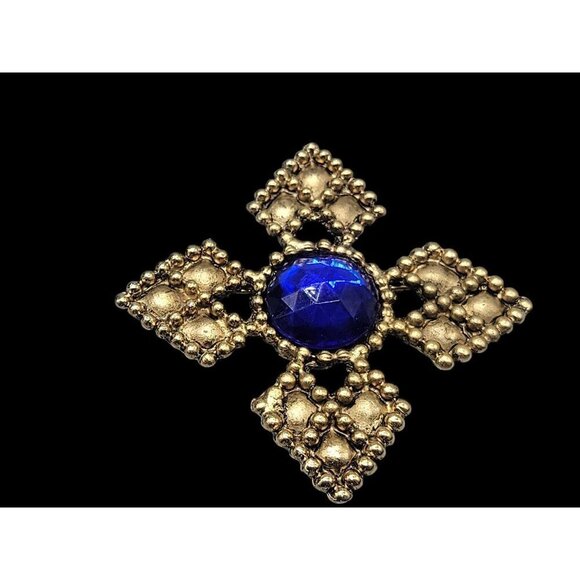 Four Point Dotted Cross Brooch Blue Fauceted Large Rhinestones Gold Tone - Picture 7 of 13